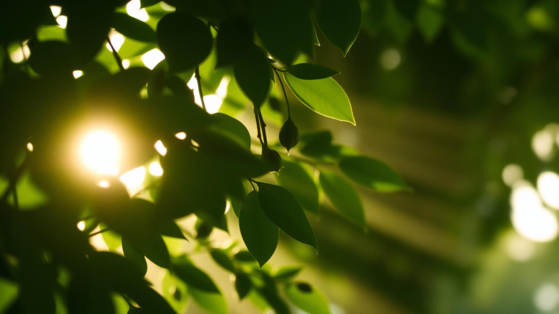 Luz suave del amanecer atravesando hojas verdes frescas con niebla ligera
