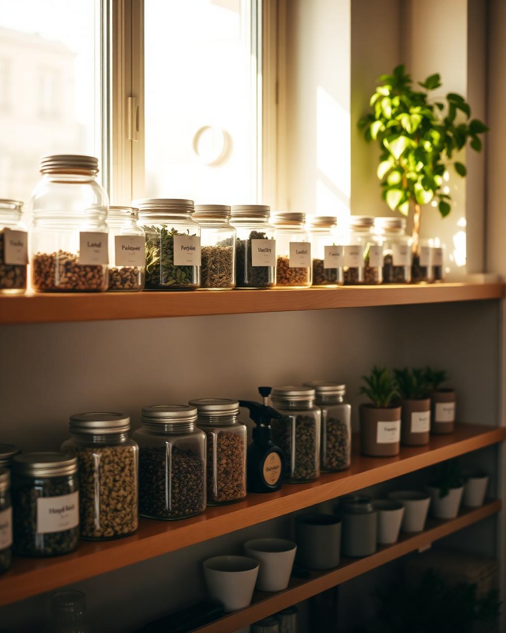 Estantería de herboristería con tarros de cristal de hierbas secas y pequeñas plantas bajo luz natural